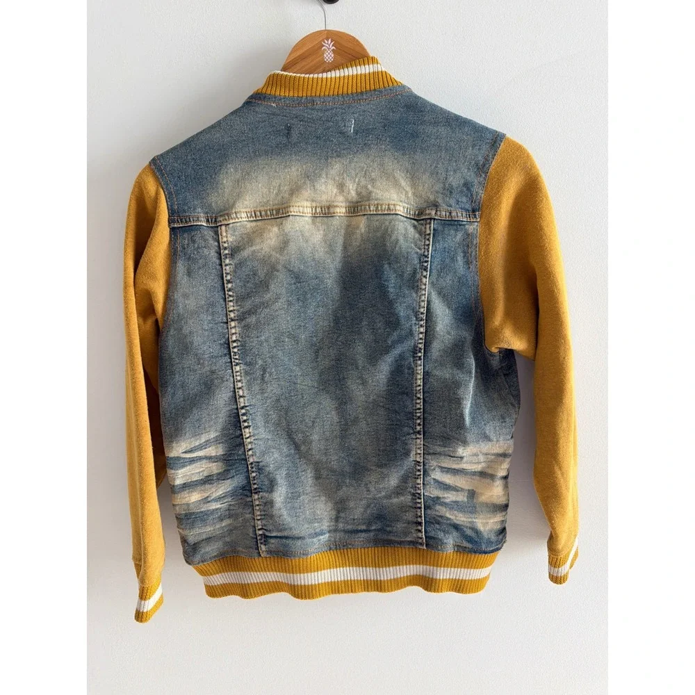 Evolution In Design Boys Varsity Denim Jacket Distressed Blue Yellow L 14-16